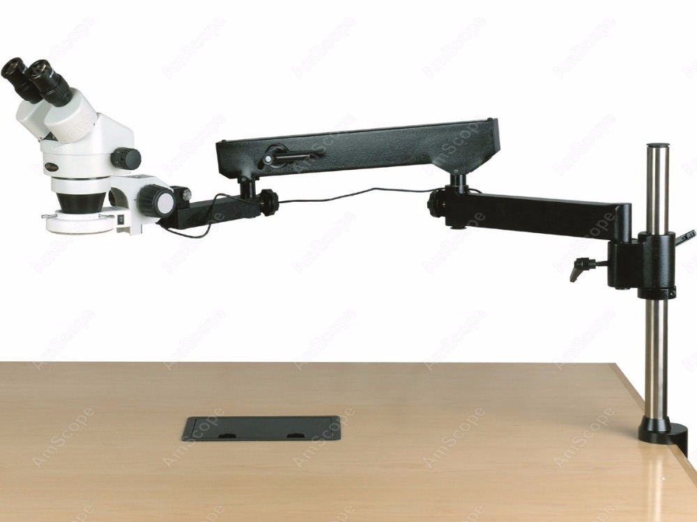 Amscope Microscope Stereo 7X-45X - กล้องจุลทรรศน์สเตอริโอแบบซูมสองตา AmScope 7X-45X+ พร้อมแขนปรับได้ ที่ยึดเสา และไฟ